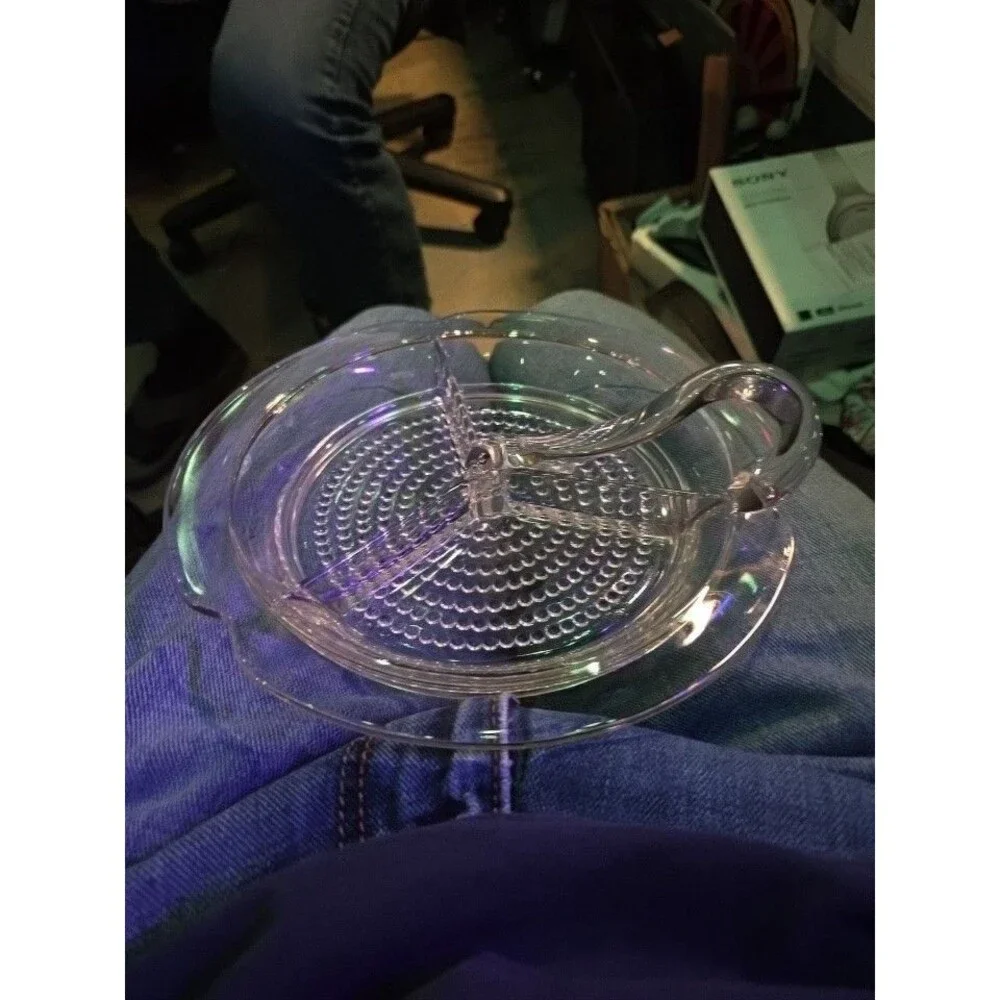 Vintage Divided Glass Hobnail Tray Serving  Dish